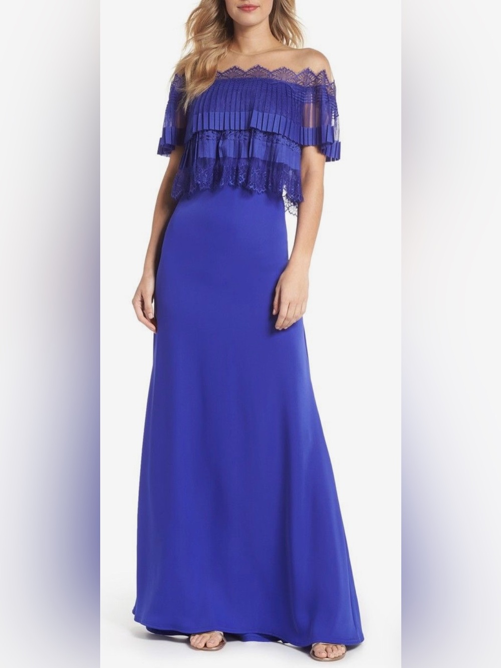 Tadashi Shoji Cobalt Off-Shoulder Lace Overlay Gown, size 10
